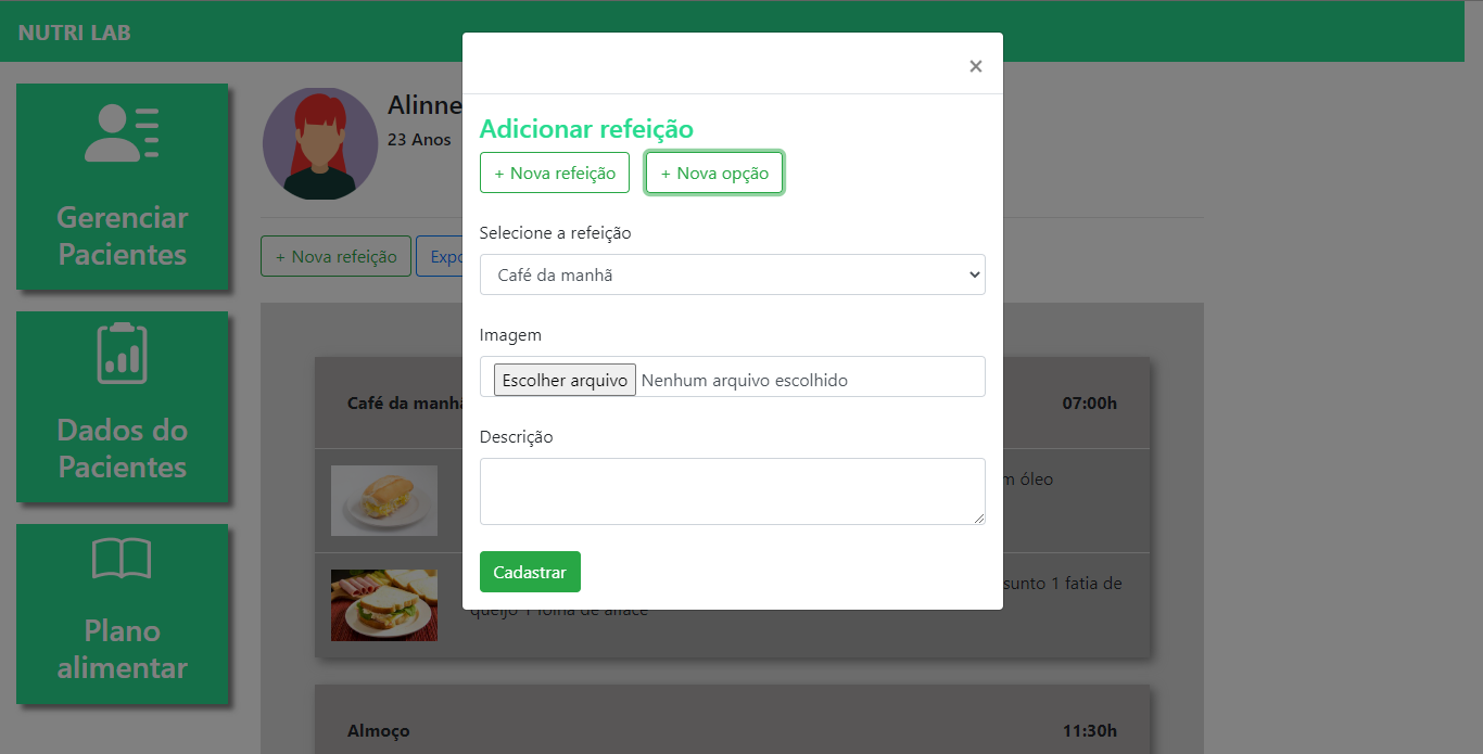 tela para cadastrar as refeições do paciente