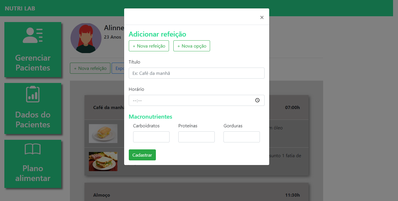 tela para cadastrar as refeições do paciente
